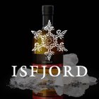 An Isfjord bottle stands on ice cubes in front of a black background, snowflake graphic visible.