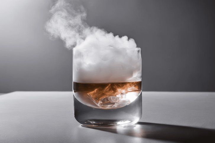 Ein Glas mit rauchendem Getränk steht auf grauem Tisch, umgeben von grauem Hintergrund.