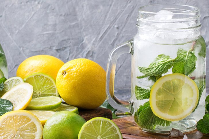 Ein Glas gefüllt mit Limetten, Zitronen, Minze und Eis steht auf einem Holztisch.