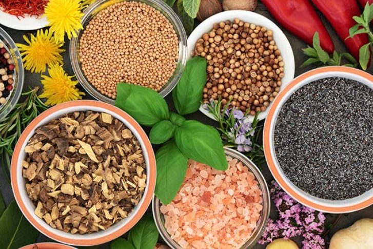 Schalen mit verschiedenen Gewürzen liegen nebeneinander auf einem Tisch, umgeben von Kräutern.