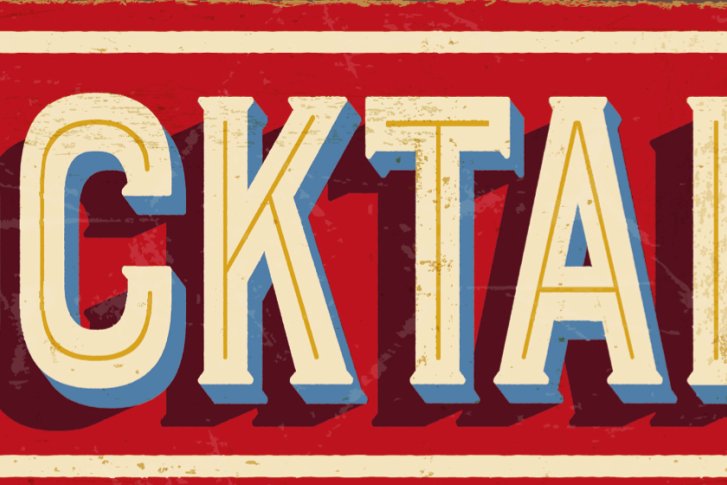 Großer Schriftzug "COCKTAILS" im Vintage-Stil auf rotem Hintergrund mit beige Streifen.