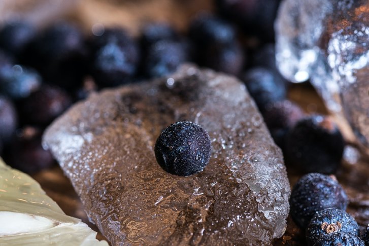 Gefrorene Blaubeeren liegen auf Eiswürfeln, umgeben von Zitronenscheiben und frischen grünen Blättern.