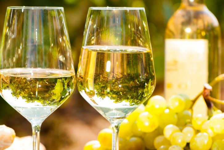 Zwei Weingläser glänzen, gefüllt mit Weißwein, umgeben von Trauben und natürlichem Grün.