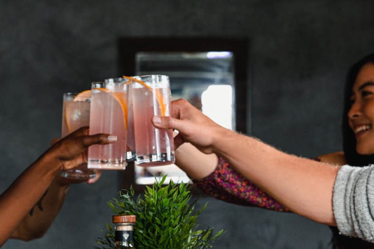 Vier Personen stoßen mit rosa Getränken in hohen Gläsern in einem gemütlichen Raum an.