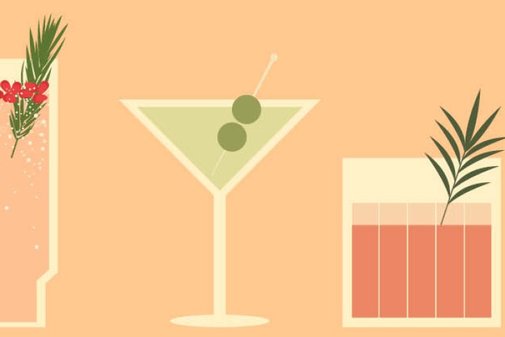 Fünf Cocktails - stehen nebeneinander - mit verschiedenen Dekorationen wie Orangen, Kräuter, Oliven.