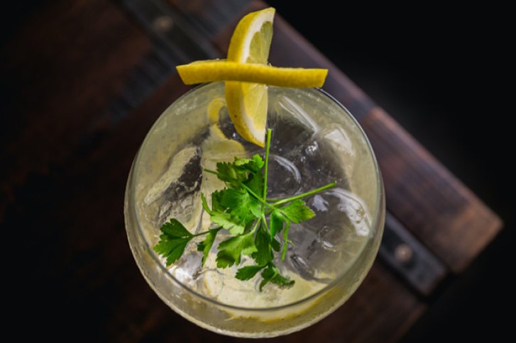 Ein Glas Cocktail mit Zitronenscheibe und Petersilie garniert, steht auf einem Holztisch.