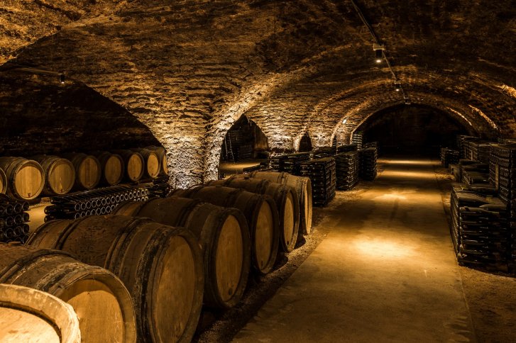 Holzfässer ruhen in einem gewölbten Weinkeller, umgeben von gestapelten Weinflaschen.