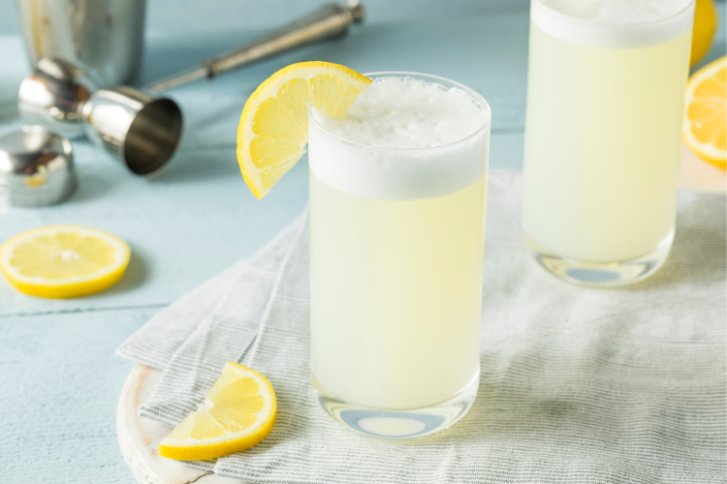 Ramos Gin Fizz in zwei Gläsern mit Portionierer und Zitronenscheiben auf hellem Hintergrund.