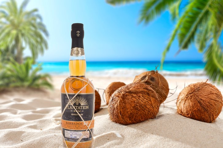 Flasche Plantationsrum steht im Sand, umgeben von Kokosnüssen, vor tropischem Meeresstrand und Palmen.