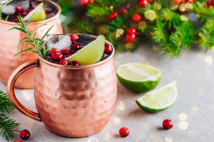 Kupferbecher mit Getränk, dekoriert mit Limettenscheiben und Rosmarin, umgeben von grünen Zweigen.