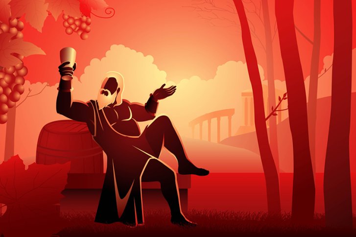 Mann hebt Becher, sitzt neben Fass, im roten Herbstwald mit Trauben und Tempel im Hintergrund.