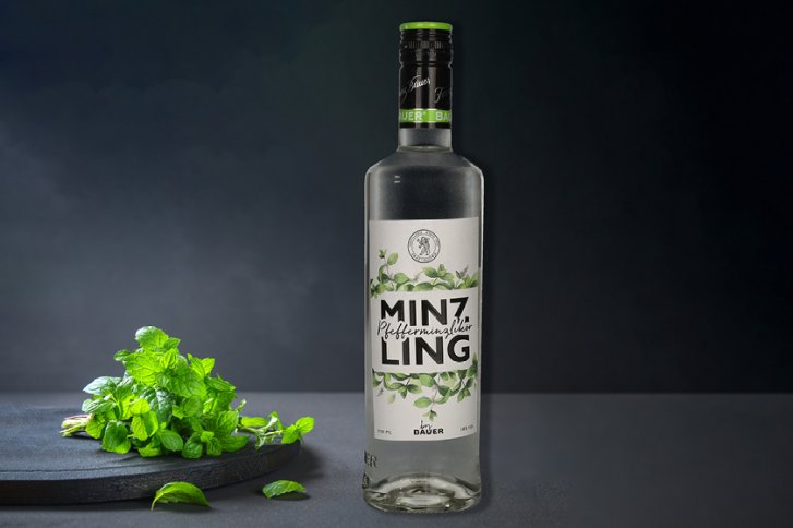 Flasche Minzlikör steht auf dunklem Tisch neben frischer Minze vor dunklem Hintergrund.