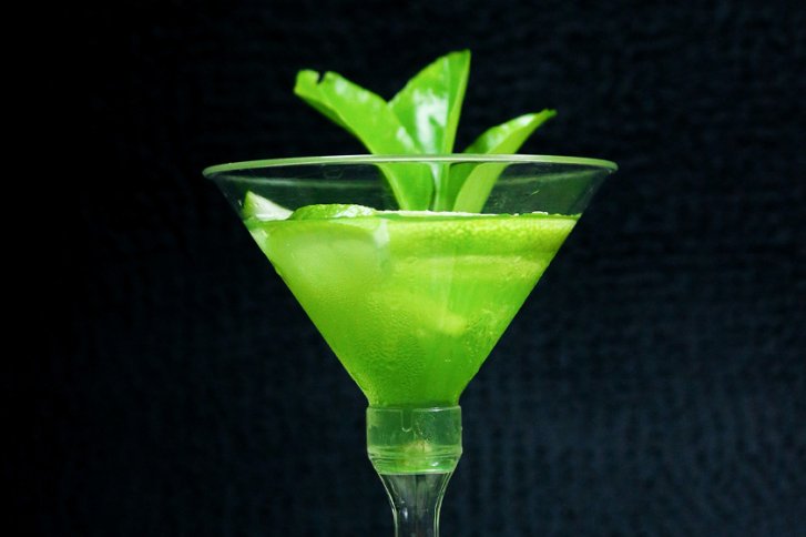 Grüner Cocktail steht in einem Martini-Glas, dekoriert mit grünen Blättern, vor schwarzem Hintergrund.
