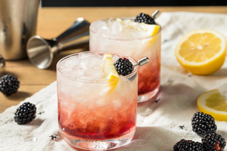 Zwei Cocktails mit Zitronenscheibe und Brombeere auf Tisch mit Tuch und Zitronenhälfte.