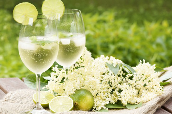 Zwei Weingläser mit Limettenscheiben stehen neben Holunderblüten auf Holztisch im Grünen.