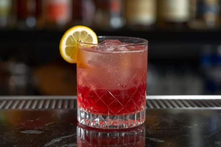 Bild zeigt Sloe Gin Cocktail auf dunklem Hintergrund