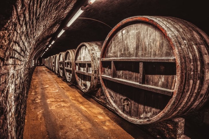 Große Holzfässer stehen in einem dunklen, beleuchteten Weinkeller auf einem Betonboden.