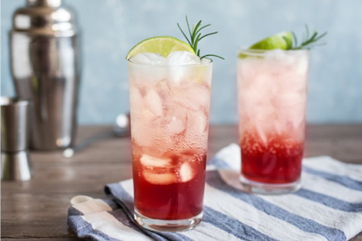 Zwei Cocktails stehen auf gestreiftem Tuch; Limettenscheiben, Rosmarin, Eiswürfel dekorieren sie. Hintergrund: Shaker.