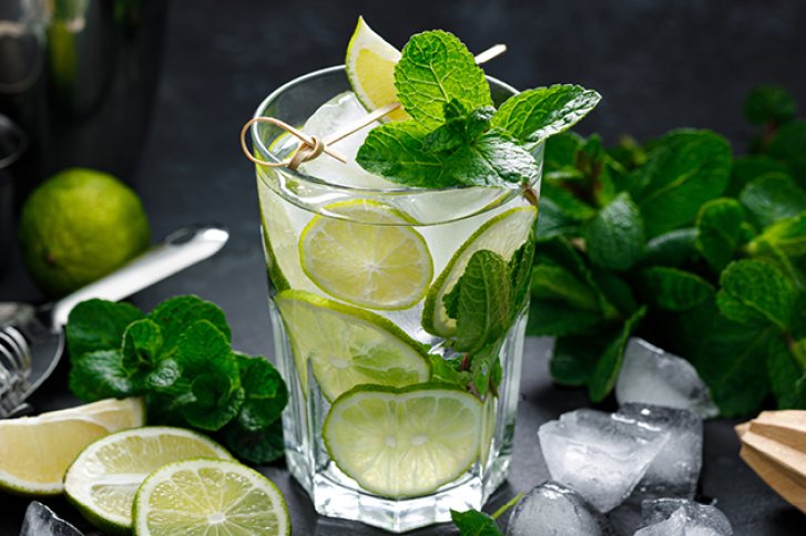 Ein Glas mit Limettenscheiben und Minze steht auf Eiswürfeln, umgeben von frischen Limetten.