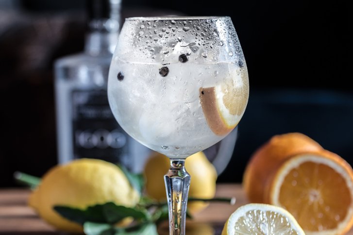Ein Glas Gin Tonic mit Zitronenscheibe und Eiswürfeln steht auf hölzerner Oberfläche.