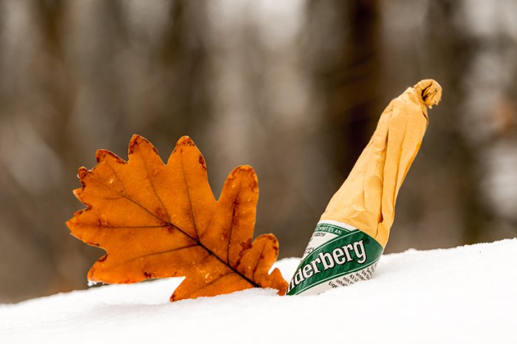 Flasche "Kräuterlikör" steht im Schnee, neben einem großen, trockenen Eichenblatt im Wald.