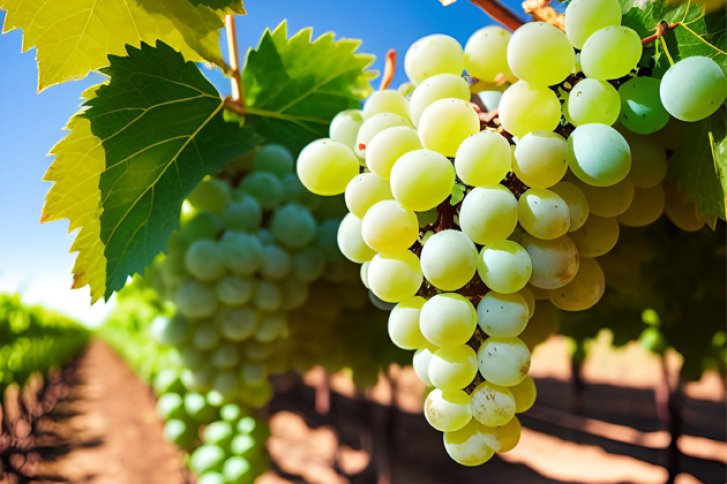 Grüne Trauben hängen reif an Reben in einem sonnigen Weinberg, bereit zur Ernte.