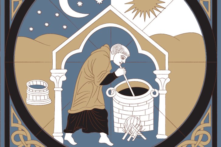 Mönch rührt in einem Kessel, unter einem Bogen, mit Mond und Sonne im Hintergrund.