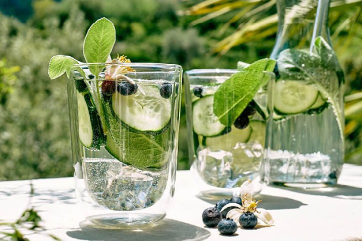 Zwei Gläser mit Gurkenscheiben, Blaubeeren und Blättern stehen auf einem Tisch im Freien.