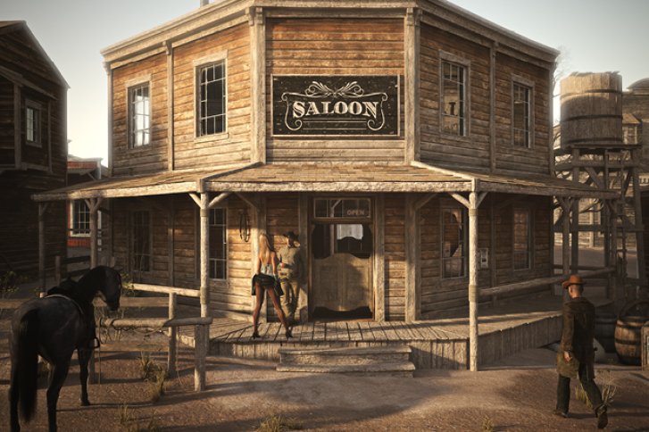 Ein Holzsaloon im Wilden Westen mit zwei Figuren davor und einem Pferd daneben.