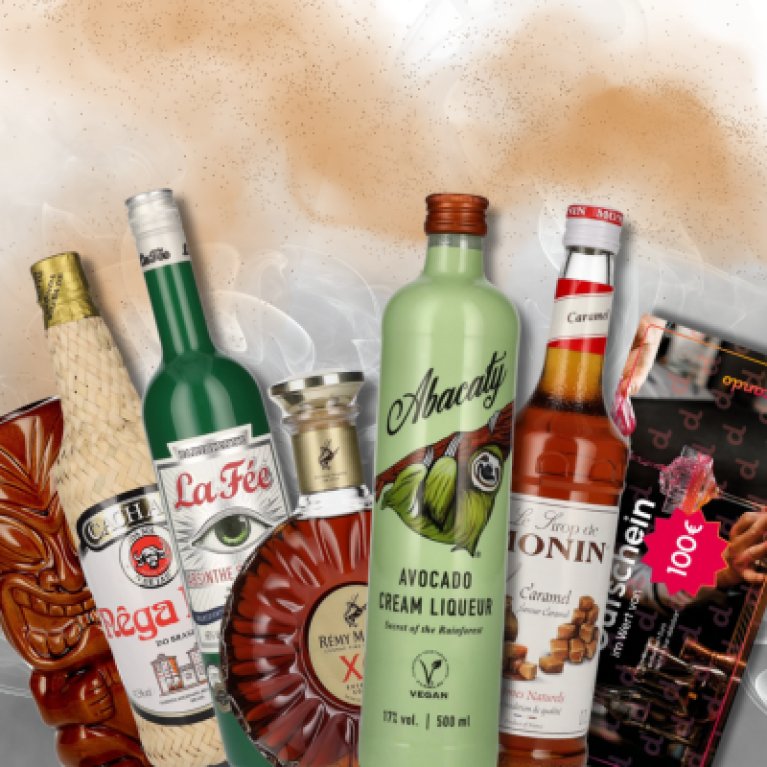 Seven different bottles of spirits stand side by side against an abstract background of smoke and colors.
