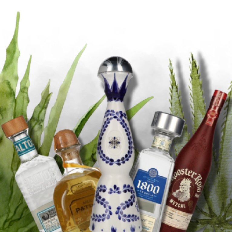 Verschillende tequila- en mezcal-flessen staan op een rij voor decoratieve groene bladeren.
