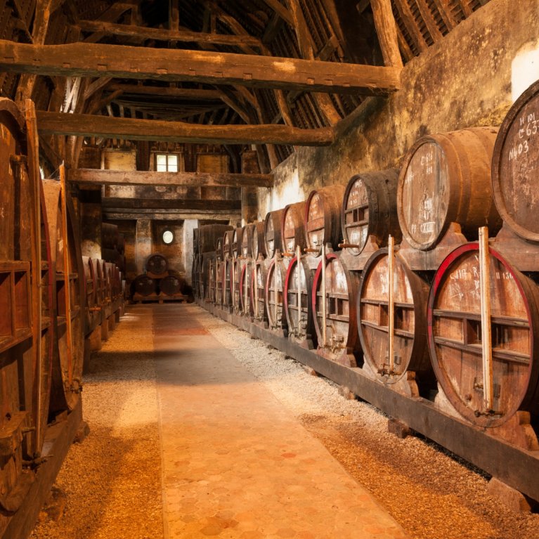 Grote houten vaten worden rustig opgeslagen in een sfeervol verlichte, traditionele wijnkelder.