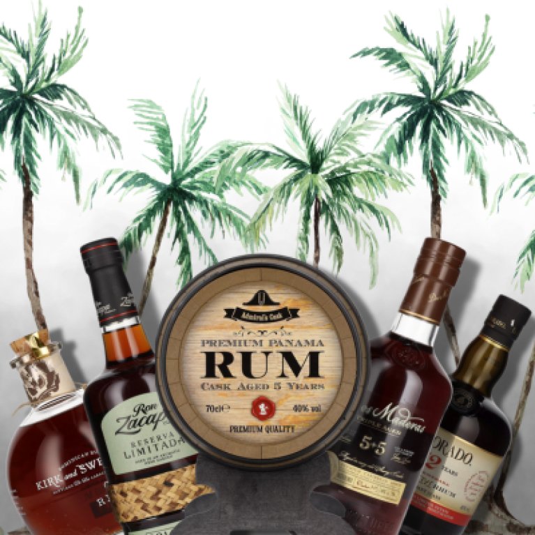 The picture shows a group of rum bottles.