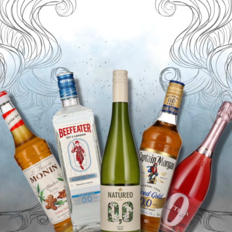 Five colorful beverage bottles stand upright in front of an artfully drawn, wave-like background illustration.