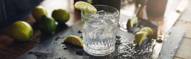 Gin avec glaçons, citron vert et romarin