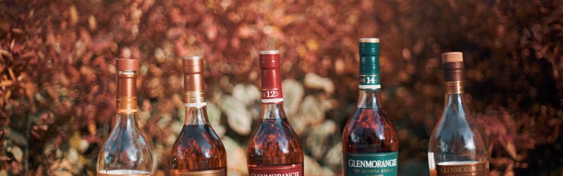 Fünf Whiskyflaschen von Glenmorangie stehen in Herbstlaub vor einem Hintergrund aus rötlichen Büschen.