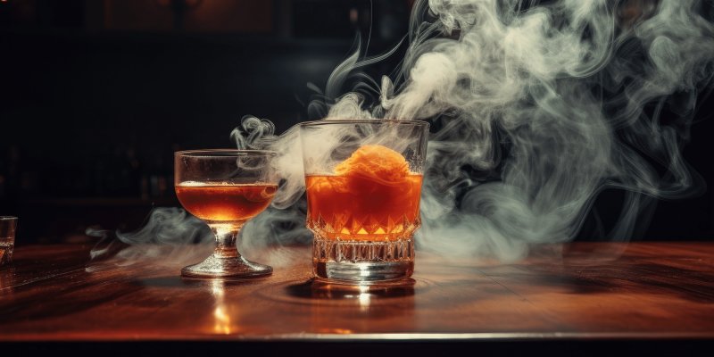 Zwei Gläser mit orangefarbenem Getränk, eines rauchend, stehen auf einem Holztisch in gedämpftem Licht.
