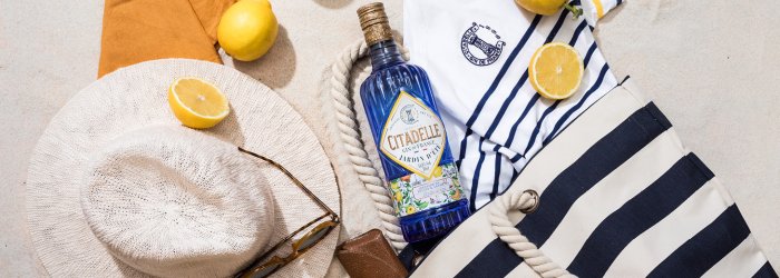 A gin bottle on a table in the garden with lots of decoration next to it