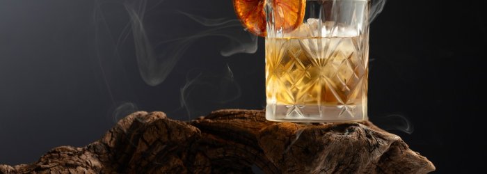 Whiskeyglas met sinaasappelschijf staat rokerig op een rustiek stuk hout op een donkere achtergrond.
