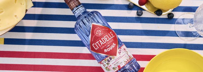 Une bouteille de gin est posée sur une table dans le jardin avec un beau verre de vin à côté.