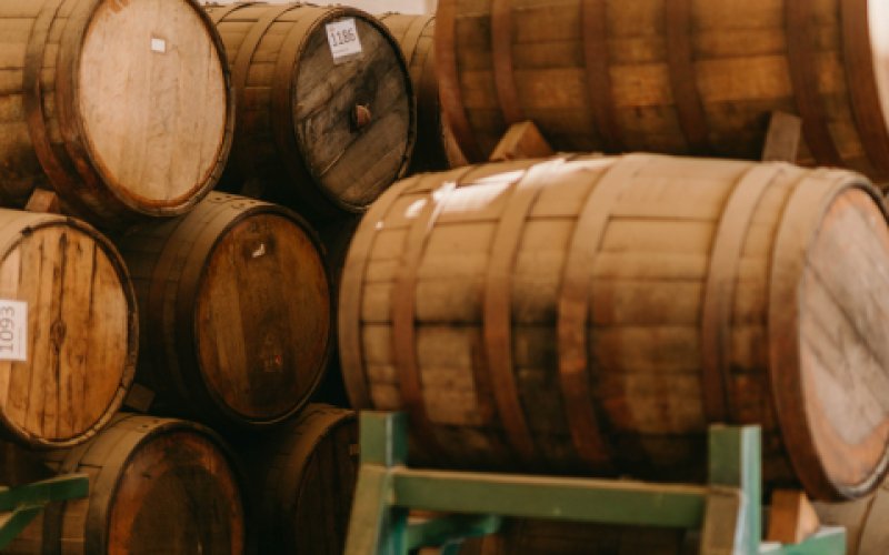 Several wooden barrels stacked on top of each other