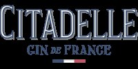 Citadelle Gin de France in blue lettering on a white background, with French flag.