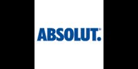 Logo shows blue lettering "ABSOLUT" on a white background, simple and without further embellishments.