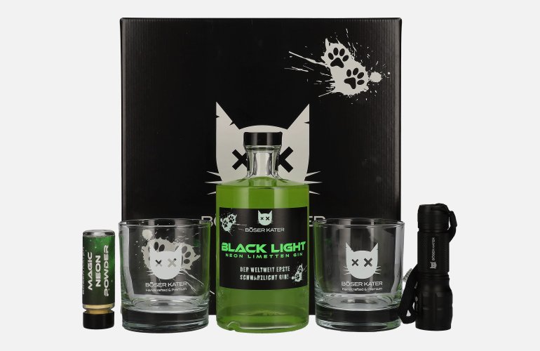 BÖSER KATER Black Light Neon Limetten Gin 40% Vol. 0,5l en boîte cadeau avec UV-Taschenlampe & Verres