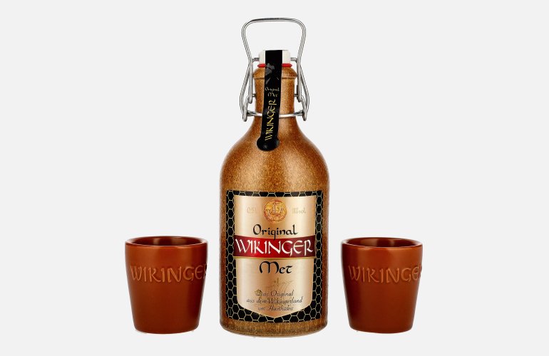 Wikinger Met Original 11% Vol. 0,5l im Tonkrug with 2 Tonbechern