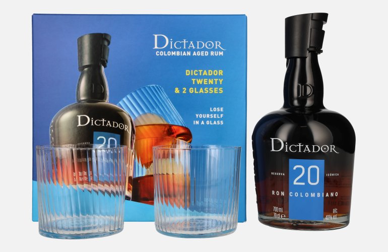 Dictador 20 Years Old ICON RESERVE Colombian Rum 40% Vol. 0,7l in geschenkverpakking met 2 Bril
