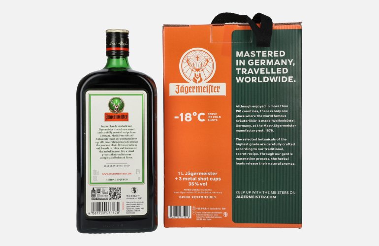 Jägermeister TRAVELLERS' EXCLUSIVE 35% Vol. 1l en boîte cadeau avec 3 Metal Shot Cups