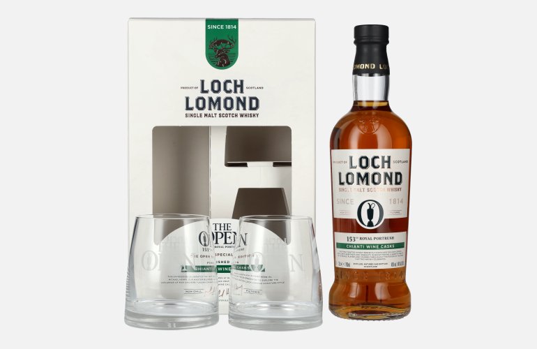 Loch Lomond THE OPEN SPECIAL EDITION 153th Royal Portrush Chianti Wine 2025 46% Vol. 0,7l en boîte cadeau avec 2 Verres