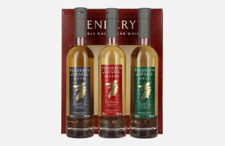 Penderyn MYTH, LEGEND, CELT Single Malt Welsh Whisky 40% Vol. 3x0,2l in geschenkverpakking