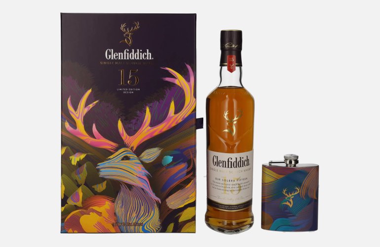 Glenfiddich 15 OUR SOLERA Single Malt Scotch Whisky 40% Vol. 0,7l in geschenkverpakking met Flachmann